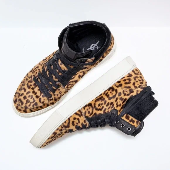 Saint Laurent Men's Leopard Pony Hair Leather‎ High Top Sneakers – Size US 12